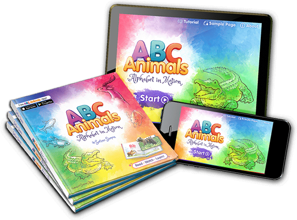 On the left side of the image, there are three ABC Animals books stacked on top of each other. In the middle, there is a tablet displaying the ABC Animals AR app. On the right side, a mobile phone is shown with the same app open.